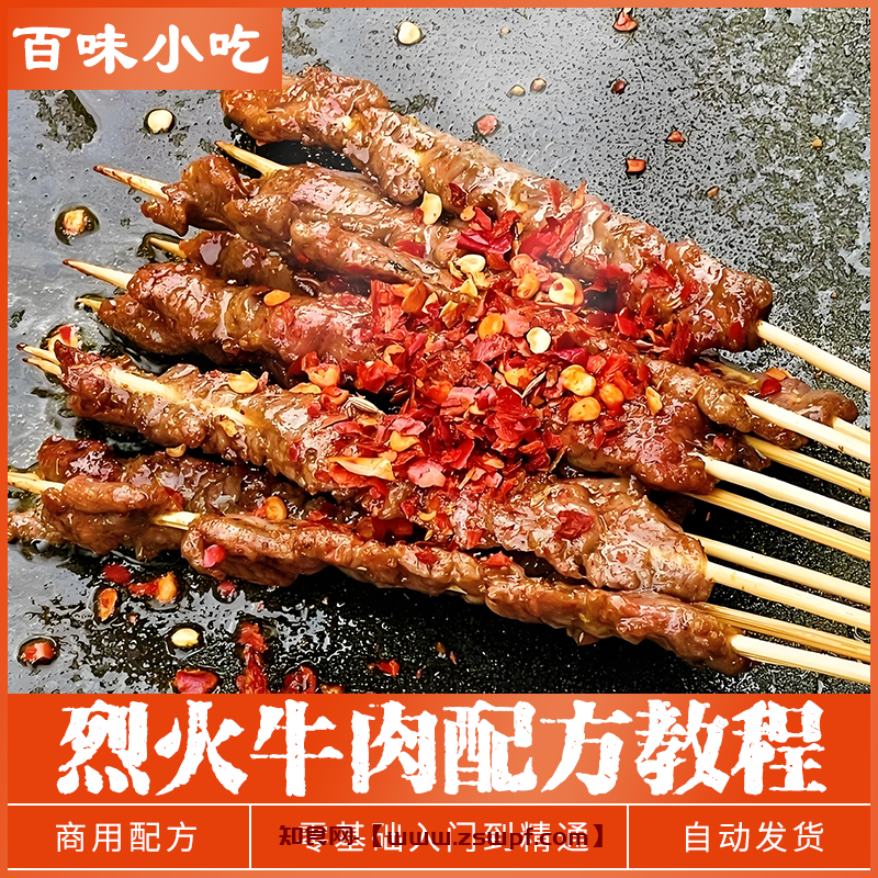 pf459、烈火牛肉小串烧烤餐饮商用摆摊小吃制作技术配方教程培训视频教学-知食网